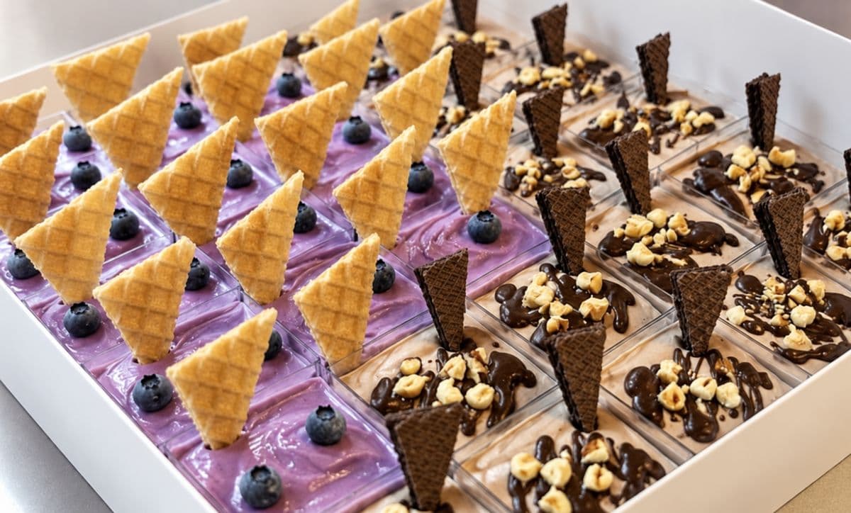 Yummy Land catering tray with purple and chocolate-colored dessert cups and wafer toppings