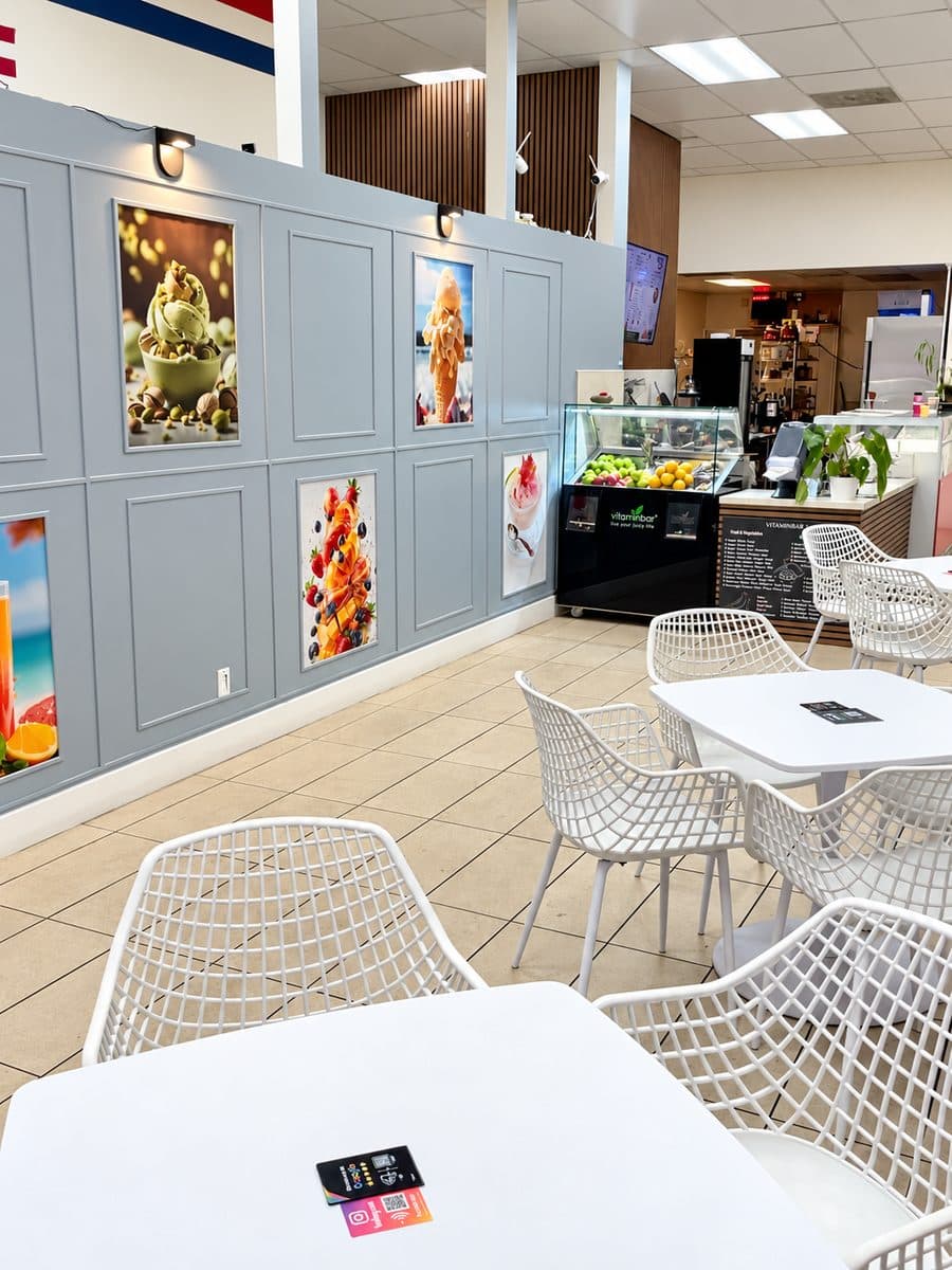 Inside Yummy Land: our seating area and dessert counter